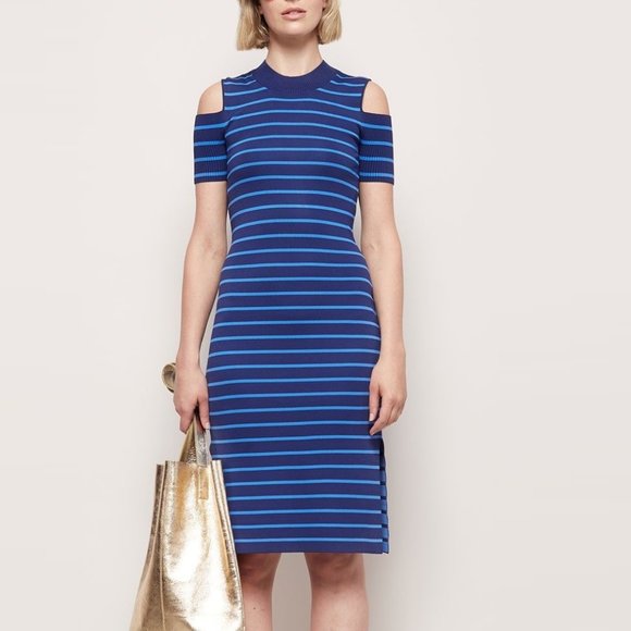 gorman Dresses & Skirts - GORMAN Lola Stripe Blue Cold Shoulder Midi Dress